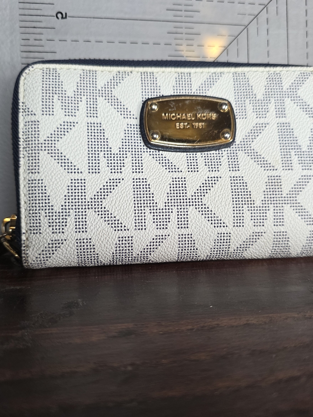 Michael Kors White and Navy MK Logo Zip Wallet with Gold Plaque